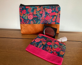 Handmade Makeup bags made in floral Ciara C Liberty fabric with velvet trim. Small or mini makeup bag, Wash bag, Cosmetic brush bag.