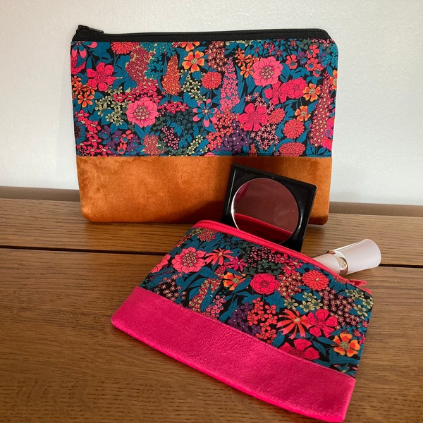 Handmade Makeup bags made in floral Ciara C Liberty fabric with velvet trim. Small or mini makeup bag, Wash bag, Cosmetic brush bag.