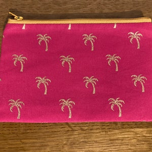 Metallic print mini makeup bags. Leopard, palm trees, pineapples. Leaves. Handmade Cosmetic brush bag, Coin purse, sanitary pouch. Pink palm trees