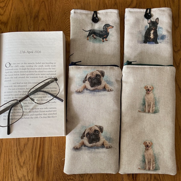 Dog print padded reading glasses case or sunglasses zip pouch. Dachshund, French bull dog, Labrador or pug specs case. Handmade phone case.