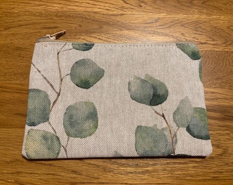 Watercolour leaves mini makeup bag. Eucalyptus leaf print Cosmetic bag, coin purse, sanitary bag, Pencil case Handmade in linen look cotton