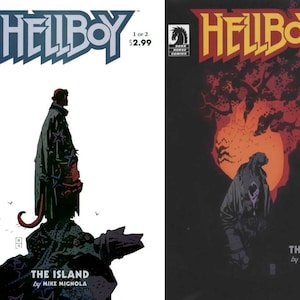 Puede incluir: Cuatro portadas de cómics de Hellboy. La primera portada muestra a Hellboy de pie sobre una formación rocosa. La segunda portada presenta una silueta sobre un fondo rojo. La tercera portada muestra a Hellboy con un demonio. La cuarta portada muestra a Hellboy sosteniendo una calavera.