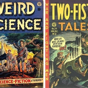 Op de afbeelding: Twee vintage stripboekcovers. De linkercover heeft de titel "Weird Science" met een sciencefiction-illustratie. De rechtercover heeft de titel "Two-Fisted Tales" met een oorlogsscène. Beide covers hebben vette tekst en levendige kleuren.