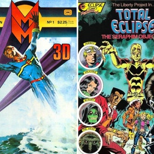 May include: Two comic book covers. The first features a superhero in a blue and yellow costume with the text "MIRACLEMAN" and "3D." The second cover is for "TOTAL ECLIPSE" with multiple characters and the text "THE SERAPHIM OBJECTIVE."