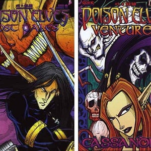 May include: Two comic book covers featuring fantasy characters. The first cover reads "Poison Elves Lost Tales" with a dark-haired elf. The second cover reads "Poison Elves Ventures" with a red-haired elf and skull imagery.