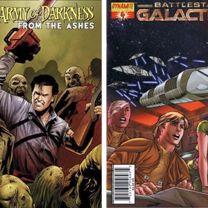 Może przedstawiać: Dwie okładki komiksów. Pierwsza przedstawia mężczyznę z piłą łańcuchową walczącego z zombie, zatytułowaną "Army of Darkness From the Ashes". Druga okładka przedstawia statek kosmiczny i postacie, zatytułowaną "Battlestar Galactica".