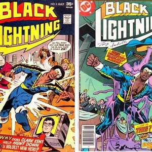 May include: Two vintage comic book covers of "Black Lightning" featuring action scenes. The first cover shows Black Lightning in a blue and yellow suit, while the second cover shows him in a similar outfit with purple energy effects. Both covers have the DC Comics logo.