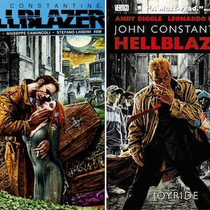 Op de afbeelding: Twee strips van "John Constantine: Hellblazer". Eén toont een man in een trenchcoat met een vrouw op een begraafplaats. De tweede cover toont een rokende man, omringd door figuren, met het woord "Joyride."
