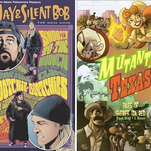 May include: Two comic book covers. The first features Jay and Silent Bob with the title "Snoochie Boochies." The second cover is for "Mutant Texas" with a female sheriff and the text "Tales of Sheriff Ida Red."