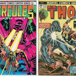 May include: Two vintage Marvel comic books. The first features "Hercules, Prince of Power" with a pink and yellow background. The second comic book is "The Mighty Thor" with Thor battling a metallic figure. Both comics have vibrant colors.