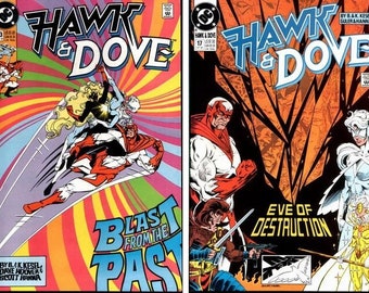 May include: Two comic book covers of "Hawk & Dove". The first features figures in flight with the text "Blast From The Past". The second cover shows characters with the text "Eve of Destruction". Both covers have vibrant colors and dynamic illustrations.