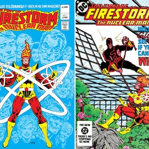 May include: Two vintage comic book covers featuring Firestorm, the Nuclear Man. The first cover shows Firestorm with a flaming head, holding atom symbols. The second cover depicts Firestorm in a struggle. Text includes "The Fury of Firestorm" and "His name is Slinknot."