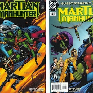 Puede incluir: Dos portadas de cómics con "Martian Manhunter". La primera portada, "Day of Judgment", muestra una escena de batalla con varios personajes. La segunda portada, "Guest-Starring JSA", presenta un personaje de piel verde con una "X" roja en el pecho.