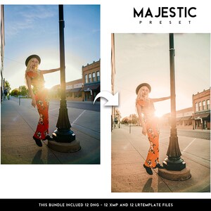 Puede incluir: Una mujer con un vestido rojo floral y un sombrero negro se apoya en una farola negra en una calle de la ciudad. La imagen es brillante con luz solar c&aacute;lida. El texto "MAJESTIC PRESET" est&aacute; en la parte superior.