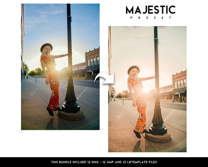 Puede incluir: Una mujer con un vestido rojo floral y un sombrero negro se apoya en una farola negra en una calle de la ciudad. La imagen es brillante con luz solar c&aacute;lida. El texto "MAJESTIC PRESET" est&aacute; en la parte superior.