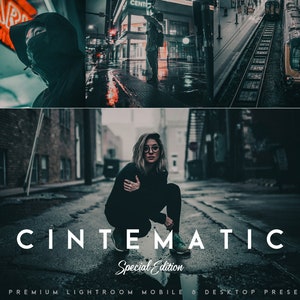 Peut inclure: Un ensemble de 20 préréglages Lightroom pour mobile et ordinateur de bureau, appelé "Cinematic Special Edition". Les préréglages sont conçus pour donner aux photos un aspect et une ambiance cinématographiques. L'image montre une femme dans une ruelle sombre, un homme en veste à capuche et un train sur une voie.