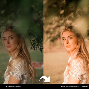 Puede incluir: Una imagen dividida muestra a una mujer con cabello rubio, con y sin un ajuste preestablecido de foto. El lado izquierdo est&aacute; etiquetado como "SIN PREAJUSTE" y el lado derecho como "CON PREAJUSTE 'GOLDEN SUNSET'". La mujer lleva un vestido blanco con lunares negros.