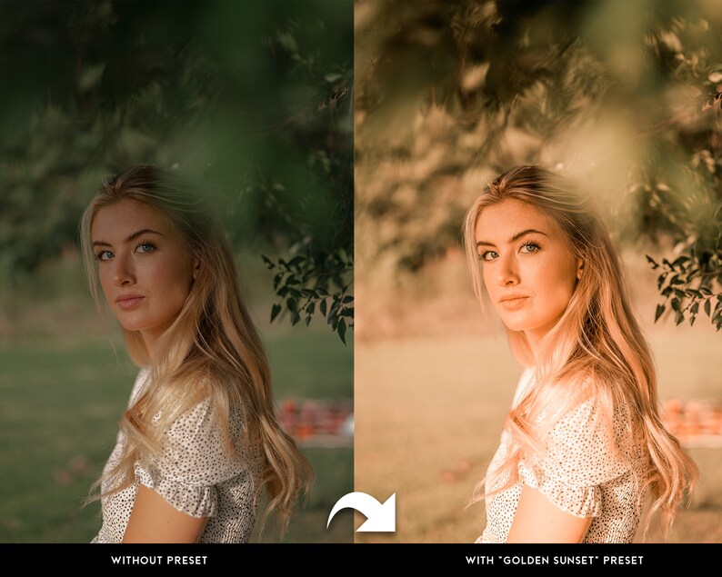 Puede incluir: Una imagen dividida muestra a una mujer con cabello rubio, con y sin un ajuste preestablecido de foto. El lado izquierdo est&aacute; etiquetado como "SIN PREAJUSTE" y el lado derecho como "CON PREAJUSTE 'GOLDEN SUNSET'". La mujer lleva un vestido blanco con lunares negros.