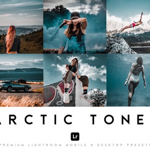 May include: A set of Lightroom presets called "Arctic Tones" with a blue and white color scheme. The presets are for both mobile and desktop use.