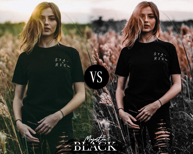 Peut inclure: Comparaison c&ocirc;te &agrave; c&ocirc;te de deux images d'une personne portant un t-shirt noir avec le texte "STAY RICH" imprim&eacute; dessus. L'image de gauche est en couleur, tandis que l'image de droite est en noir et blanc. Le texte "VS" est imprim&eacute; en blanc sur un cercle noir entre les deux images.