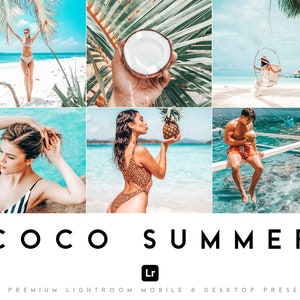 May include: A set of 10 Lightroom mobile and 6 desktop presets for editing photos. The presets are called "Coco Summer" and are designed to give photos a warm, tropical feel. The presets are shown being used on photos of people on a beach, a woman holding a coconut, and a man holding a pineapple.