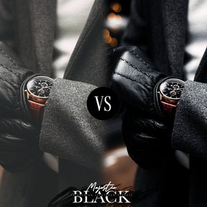 Peut inclure: Comparaison c&ocirc;te &agrave; c&ocirc;te de deux images montrant une personne portant un gant en cuir noir et une montre avec un cadran dor&eacute; et un bracelet noir. Le texte "VS" appara&icirc;t au centre de l'image. L'image de gauche est plus lumineuse que l'image de droite.