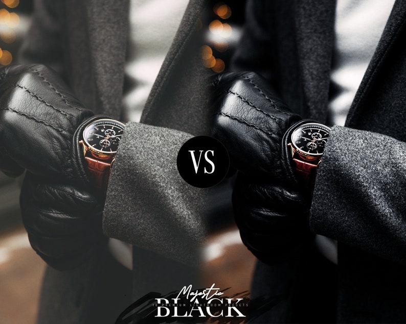 Peut inclure: Comparaison c&ocirc;te &agrave; c&ocirc;te de deux images montrant une personne portant un gant en cuir noir et une montre avec un cadran dor&eacute; et un bracelet noir. Le texte "VS" appara&icirc;t au centre de l'image. L'image de gauche est plus lumineuse que l'image de droite.