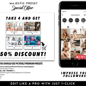Puede incluir: Imagen promocional de ajustes preestablecidos de edici&oacute;n de fotos. La imagen presenta un tel&eacute;fono inteligente que muestra una fuente de Instagram y un gr&aacute;fico con el texto "TAKE 4 AND GET" y "50% DISCOUNT!". Los ajustes preestablecidos son para Lightroom y compatibles con iOS y Android.