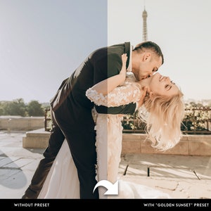 Puede incluir: Una pareja en traje formal, abraz&aacute;ndose y bes&aacute;ndose, con la Torre Eiffel al fondo. La imagen est&aacute; dividida, mostrando la escena sin y con un ajuste preestablecido "Golden Sunset", realzando los tonos c&aacute;lidos.