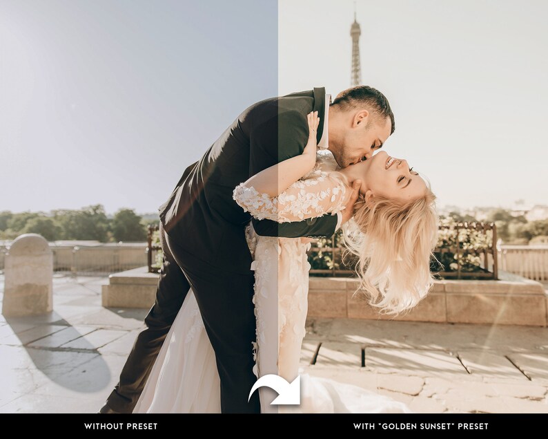 Puede incluir: Una pareja en traje formal, abraz&aacute;ndose y bes&aacute;ndose, con la Torre Eiffel al fondo. La imagen est&aacute; dividida, mostrando la escena sin y con un ajuste preestablecido "Golden Sunset", realzando los tonos c&aacute;lidos.