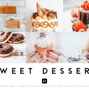 Puede incluir: Una colección de postres dulces, que incluyen un pastel de chocolate, un cupcake con glaseado blanco, una dona de chocolate con chispas, un batido con crema batida y pretzels, un pastel de chocolate con bayas rojas y un cono de helado con lavanda.