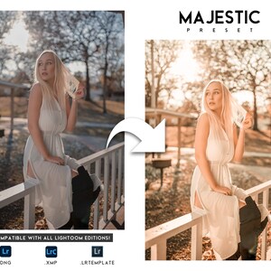 Puede incluir: Una mujer con un vestido blanco y botas negras est&aacute; sentada en una barandilla blanca. La imagen est&aacute; dividida, con el lado izquierdo mostrando una foto en color natural y el lado derecho una versi&oacute;n sepia. El texto en la parte superior dice "MAJESTIC PRESET".