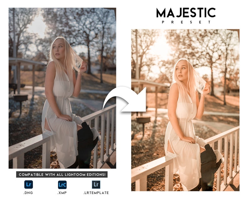 Puede incluir: Una mujer con un vestido blanco y botas negras est&aacute; sentada en una barandilla blanca. La imagen est&aacute; dividida, con el lado izquierdo mostrando una foto en color natural y el lado derecho una versi&oacute;n sepia. El texto en la parte superior dice "MAJESTIC PRESET".
