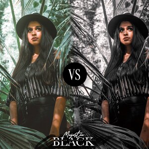 Peut inclure: Une femme portant une chemise &agrave; rayures noires et blanches et un chapeau noir se tient devant un fond vert feuillu. L'image est divis&eacute;e en deux, la partie gauche en couleur et la partie droite en noir et blanc. Le texte "VS" est au centre de l'image.