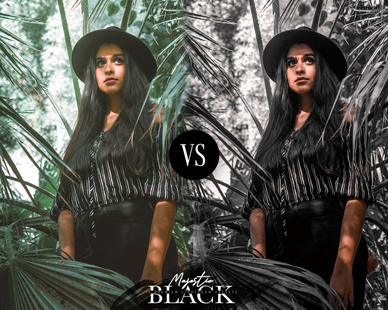 Peut inclure: Une femme portant une chemise &agrave; rayures noires et blanches et un chapeau noir se tient devant un fond vert feuillu. L'image est divis&eacute;e en deux, la partie gauche en couleur et la partie droite en noir et blanc. Le texte "VS" est au centre de l'image.