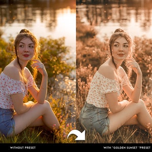 Puede incluir: Una comparaci&oacute;n lado a lado muestra a una mujer con un top floral y pantalones cortos de mezclilla, con y sin un ajuste preestablecido "Golden Sunset". La imagen de la derecha tiene tonos m&aacute;s c&aacute;lidos. El texto en la parte inferior dice "SIN PREAJUSTE" y "CON 'GOLDEN SUNSET' 'PREAJUSTE".