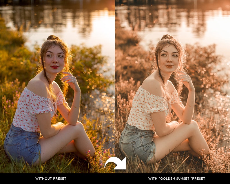 Puede incluir: Una comparaci&oacute;n lado a lado muestra a una mujer con un top floral y pantalones cortos de mezclilla, con y sin un ajuste preestablecido "Golden Sunset". La imagen de la derecha tiene tonos m&aacute;s c&aacute;lidos. El texto en la parte inferior dice "SIN PREAJUSTE" y "CON 'GOLDEN SUNSET' 'PREAJUSTE".