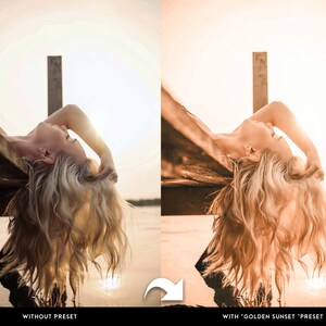 Puede incluir: Comparaci&oacute;n de im&aacute;genes que muestra a una mujer con cabello rubio, reclinada con el sol detr&aacute;s de ella. El lado izquierdo muestra la imagen "SIN PREAJUSTE", mientras que el lado derecho muestra la imagen "CON PREAJUSTE 'GOLDEN SUNSET'".