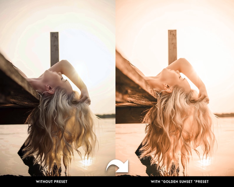 Puede incluir: Comparaci&oacute;n de im&aacute;genes que muestra a una mujer con cabello rubio, reclinada con el sol detr&aacute;s de ella. El lado izquierdo muestra la imagen "SIN PREAJUSTE", mientras que el lado derecho muestra la imagen "CON PREAJUSTE 'GOLDEN SUNSET'".