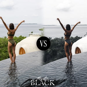 Peut inclure: Une femme en bikini vert se tient les bras lev&eacute;s dans une piscine avec un d&ocirc;me blanc en arri&egrave;re-plan. L'image est divis&eacute;e en deux avec le c&ocirc;t&eacute; gauche montrant l'image originale et le c&ocirc;t&eacute; droit montrant l'image en noir et blanc. Le texte "VS" est au milieu de l'image.