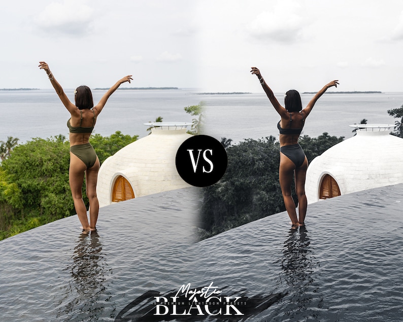 Peut inclure: Une femme en bikini vert se tient les bras lev&eacute;s dans une piscine avec un d&ocirc;me blanc en arri&egrave;re-plan. L'image est divis&eacute;e en deux avec le c&ocirc;t&eacute; gauche montrant l'image originale et le c&ocirc;t&eacute; droit montrant l'image en noir et blanc. Le texte "VS" est au milieu de l'image.