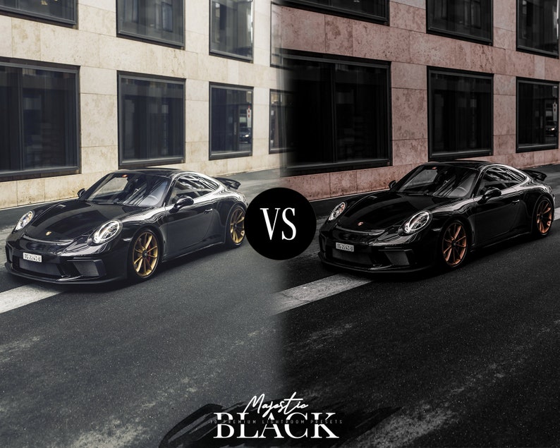 Peut inclure: Comparaison c&ocirc;te &agrave; c&ocirc;te de deux voitures Porsche 911 GT3 RS noires. La voiture de gauche a une couleur plus naturelle, tandis que la voiture de droite a une couleur plus rehauss&eacute;e. Le texte "VS" est affich&eacute; entre les deux voitures.