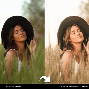 Puede incluir: Una mujer con sombrero negro y vestido blanco sentada en un campo de hierba alta y verde. La imagen est&aacute; dividida, mostrando la foto original a la izquierda y una versi&oacute;n con un ajuste preestablecido "Golden Sunset" a la derecha.