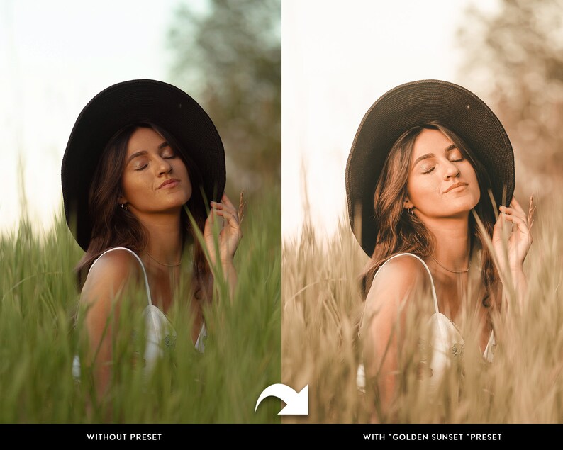 Puede incluir: Una mujer con sombrero negro y vestido blanco sentada en un campo de hierba alta y verde. La imagen est&aacute; dividida, mostrando la foto original a la izquierda y una versi&oacute;n con un ajuste preestablecido "Golden Sunset" a la derecha.