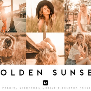 Puede incluir: Un collage de seis fotos con una c&aacute;lida paleta de colores dorados. Las fotos muestran a mujeres en varios entornos al aire libre, incluyendo una calle, un campo y cerca del agua. El texto "GOLDEN SUNSET" se muestra en letras grandes y en negrita, con el logotipo "Lr" y texto debajo.
