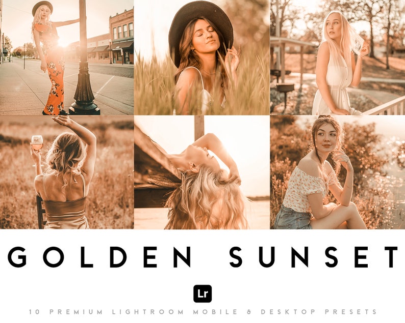 Puede incluir: Un collage de seis fotos con una c&aacute;lida paleta de colores dorados. Las fotos muestran a mujeres en varios entornos al aire libre, incluyendo una calle, un campo y cerca del agua. El texto "GOLDEN SUNSET" se muestra en letras grandes y en negrita, con el logotipo "Lr" y texto debajo.
