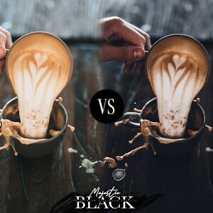 Peut inclure: Gros plan d'une tasse de caf&eacute; avec un motif en forme de c&oelig;ur dans la mousse qui est vers&eacute;e dans une tasse. Le caf&eacute; &eacute;clabousse et cr&eacute;e un motif sur la surface en bois fonc&eacute;. L'image est divis&eacute;e en deux avec le c&ocirc;t&eacute; gauche montrant une image plus claire et plus naturelle et le c&ocirc;t&eacute; droit montrant une image plus sombre et plus dramatique. Le texte "VS" est au milieu de l'image.