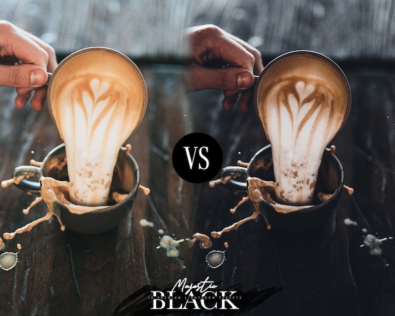 Peut inclure: Gros plan d'une tasse de caf&eacute; avec un motif en forme de c&oelig;ur dans la mousse qui est vers&eacute;e dans une tasse. Le caf&eacute; &eacute;clabousse et cr&eacute;e un motif sur la surface en bois fonc&eacute;. L'image est divis&eacute;e en deux avec le c&ocirc;t&eacute; gauche montrant une image plus claire et plus naturelle et le c&ocirc;t&eacute; droit montrant une image plus sombre et plus dramatique. Le texte "VS" est au milieu de l'image.