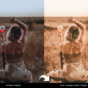 Puede incluir: Una persona con un vestido dorado est&aacute; sentada en una silla, sosteniendo una copa de vino tinto, con los brazos levantados. La imagen est&aacute; dividida, mostrando la foto original y una versi&oacute;n con un ajuste preestablecido "Golden Sunset" aplicado, alterando los tonos.