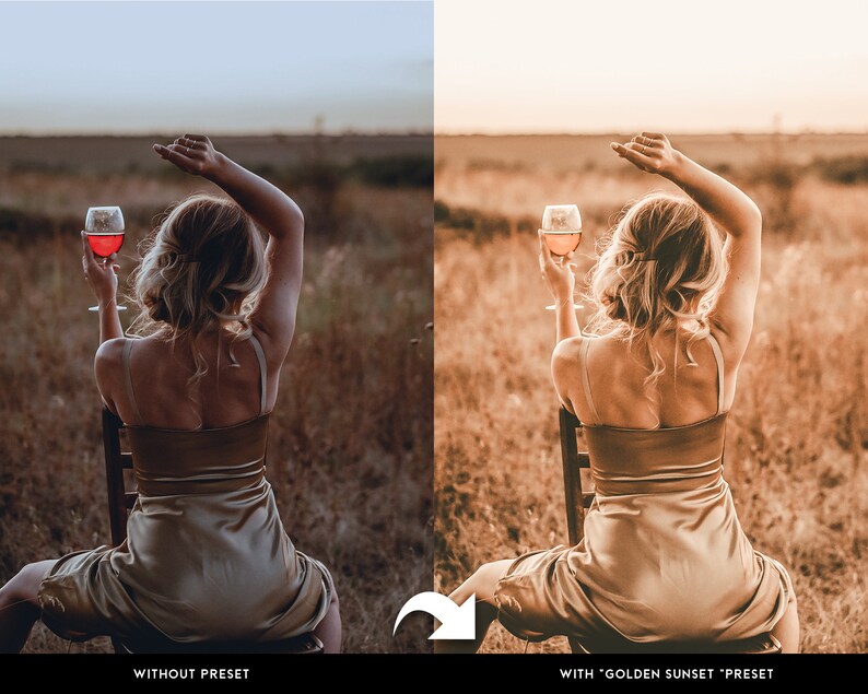 Puede incluir: Una persona con un vestido dorado est&aacute; sentada en una silla, sosteniendo una copa de vino tinto, con los brazos levantados. La imagen est&aacute; dividida, mostrando la foto original y una versi&oacute;n con un ajuste preestablecido "Golden Sunset" aplicado, alterando los tonos.